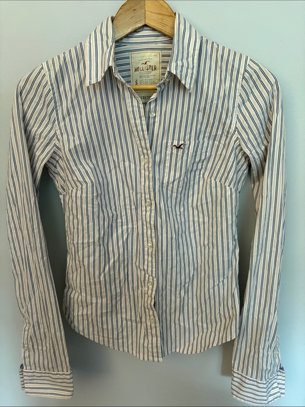 Hollister Women’s White Button-Down Shirt with Blue Stripes